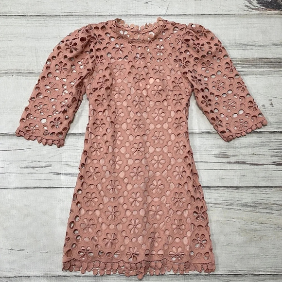 Just Me Lattice Dress NWT Long Sleeve Cut Out Floral Midi Pink Size Medium M - Picture 11 of 17
